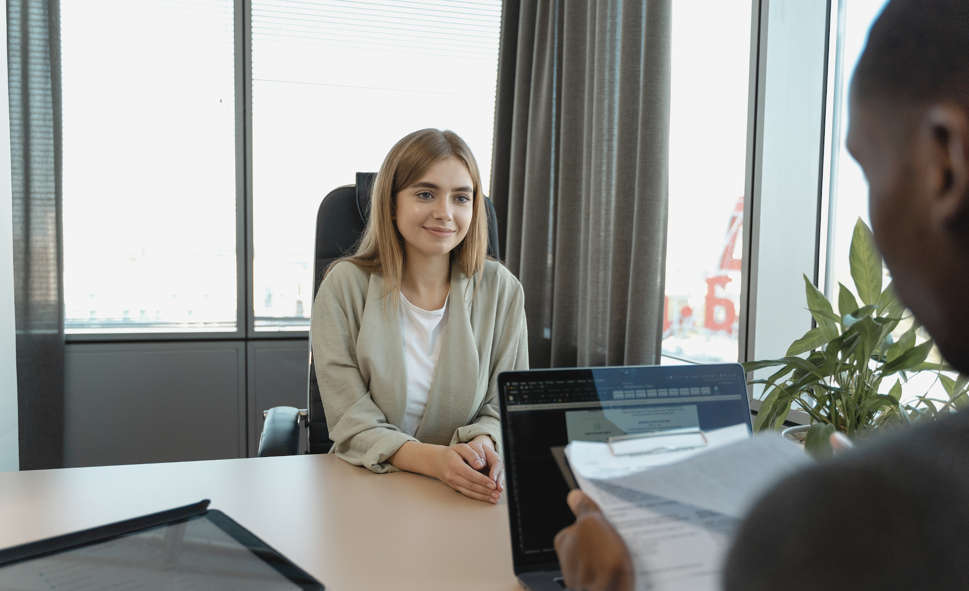 image of a woman in an interview for a healthcare role