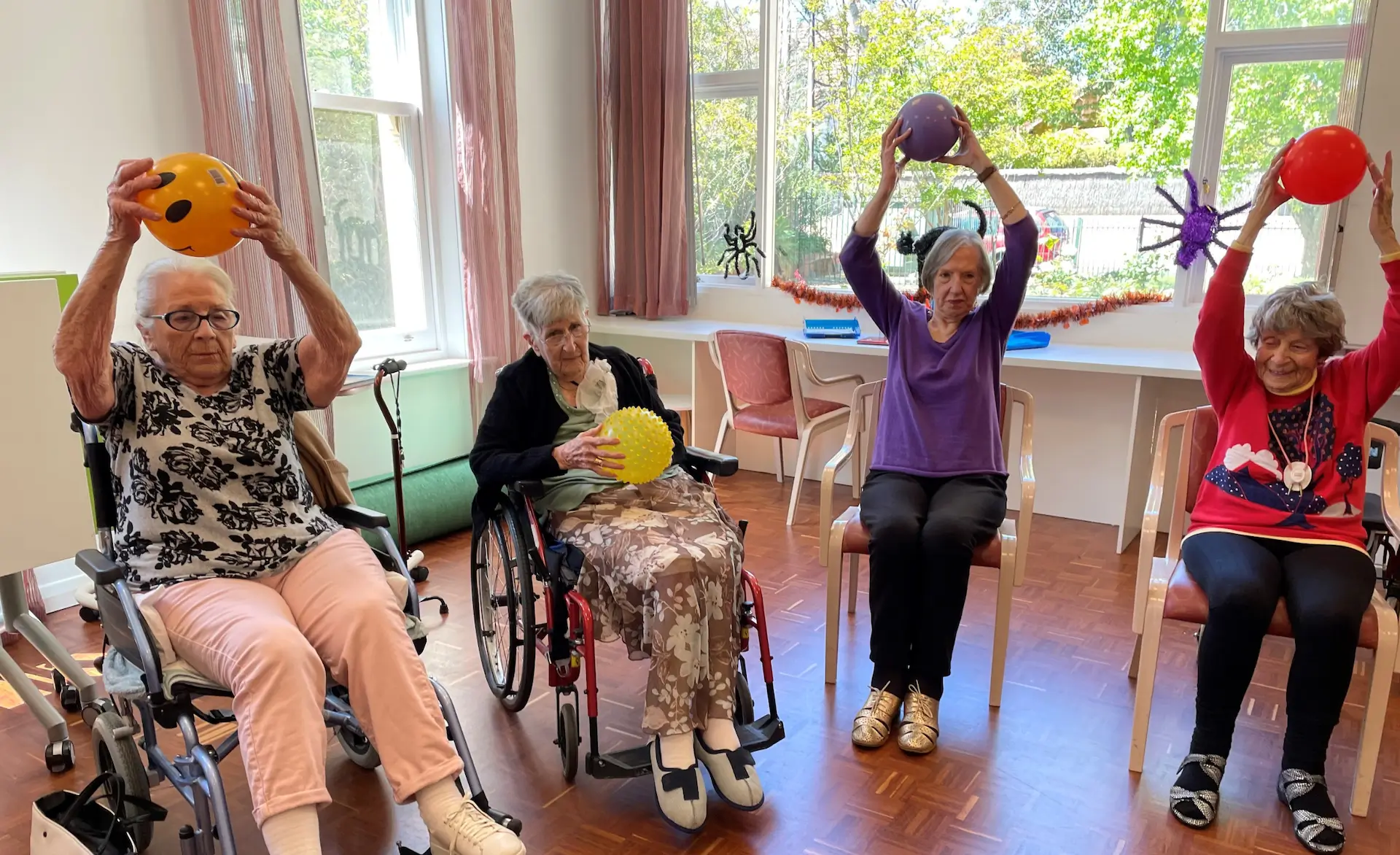 elderly people in wheelchairs playing with balls