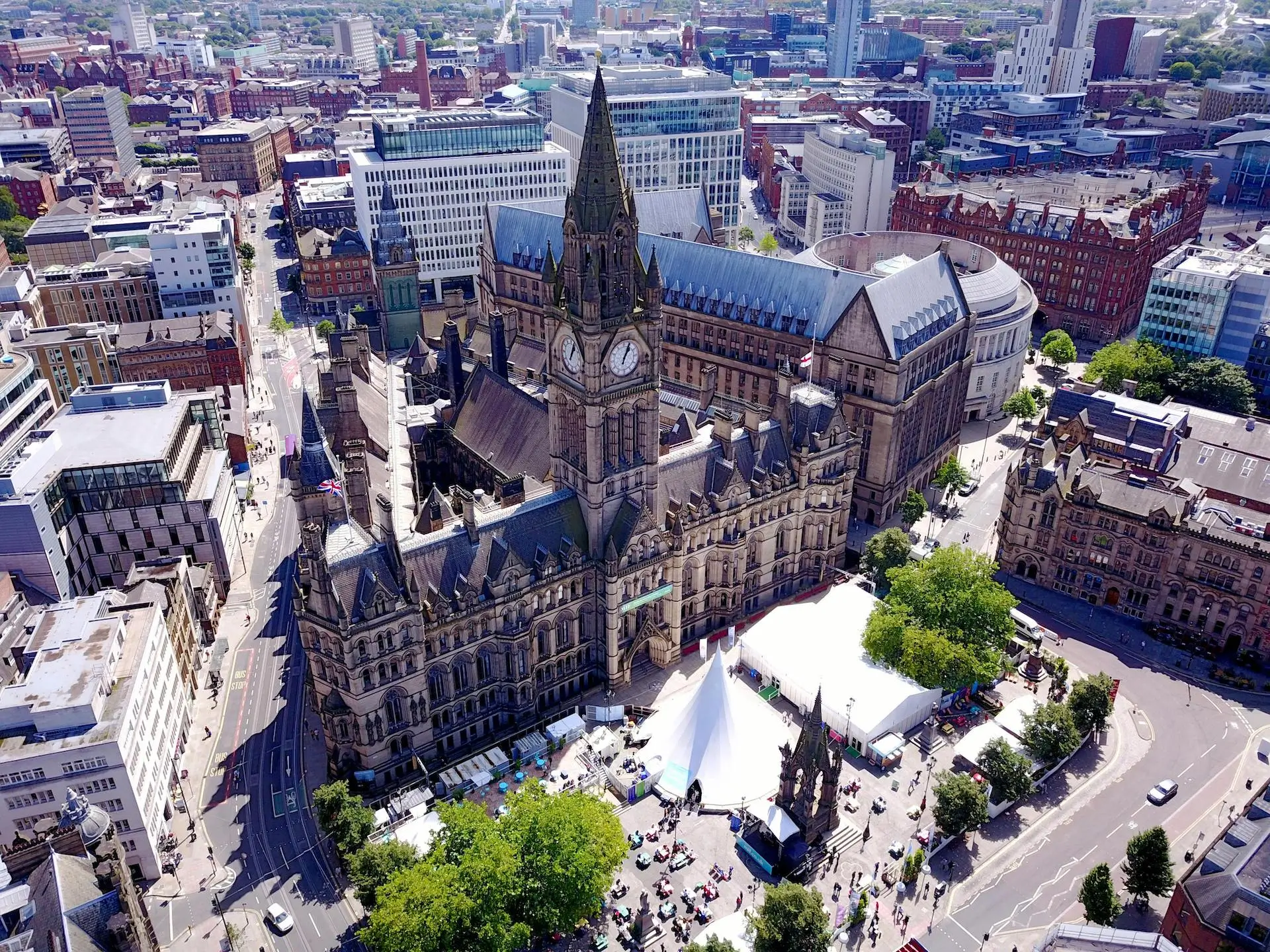 aerial picture of greater Manchester town hall